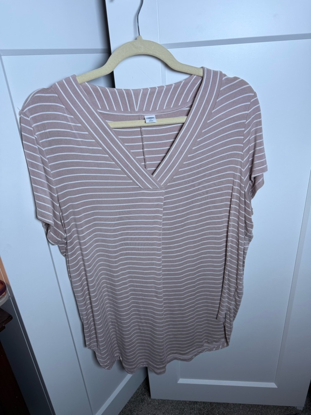 Old Navy Blush and White Striped V-Neck Short Sleeve Top